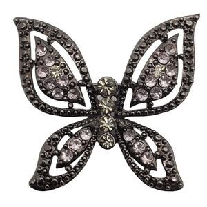Dark Rhinestone Butterfly Brooch Pink Green Crystal Insect Vintage Pin Gunmetal